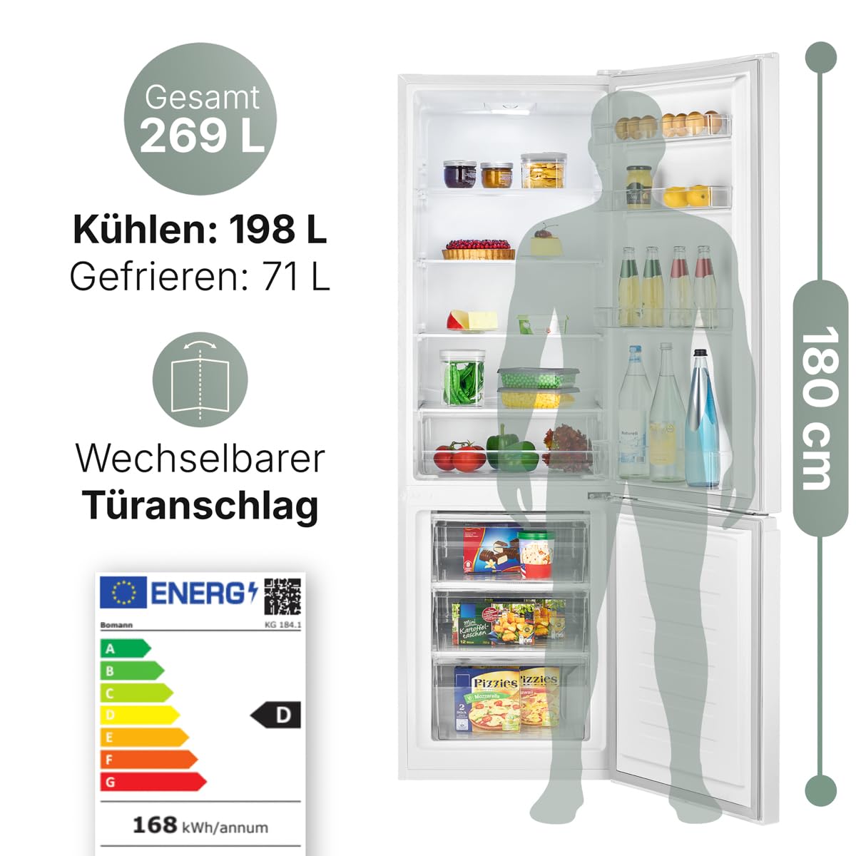 Bomann Kühl-Gefrierkombination 269L – 180cm, Weiß