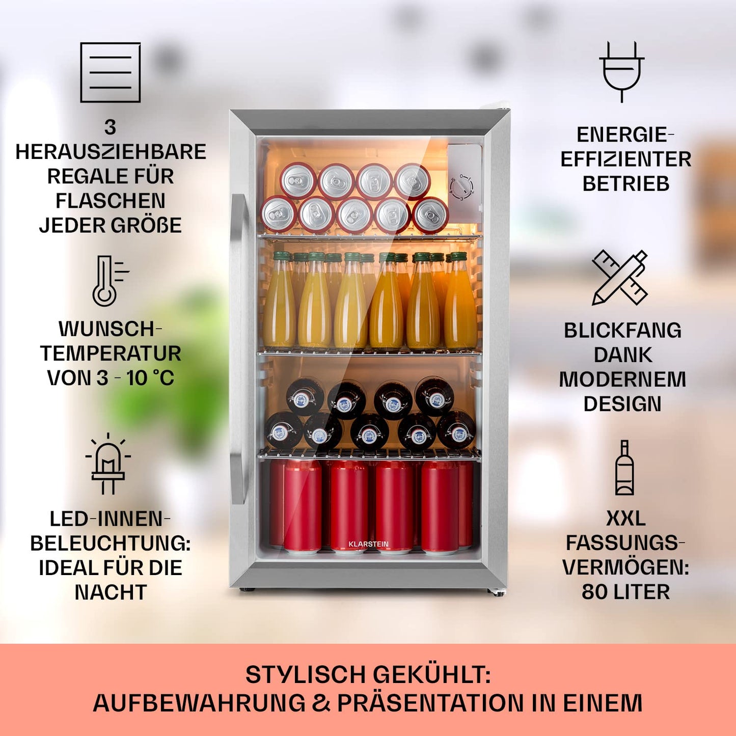 Klarstein Mini Getränkekühlschrank 80L – Glastür