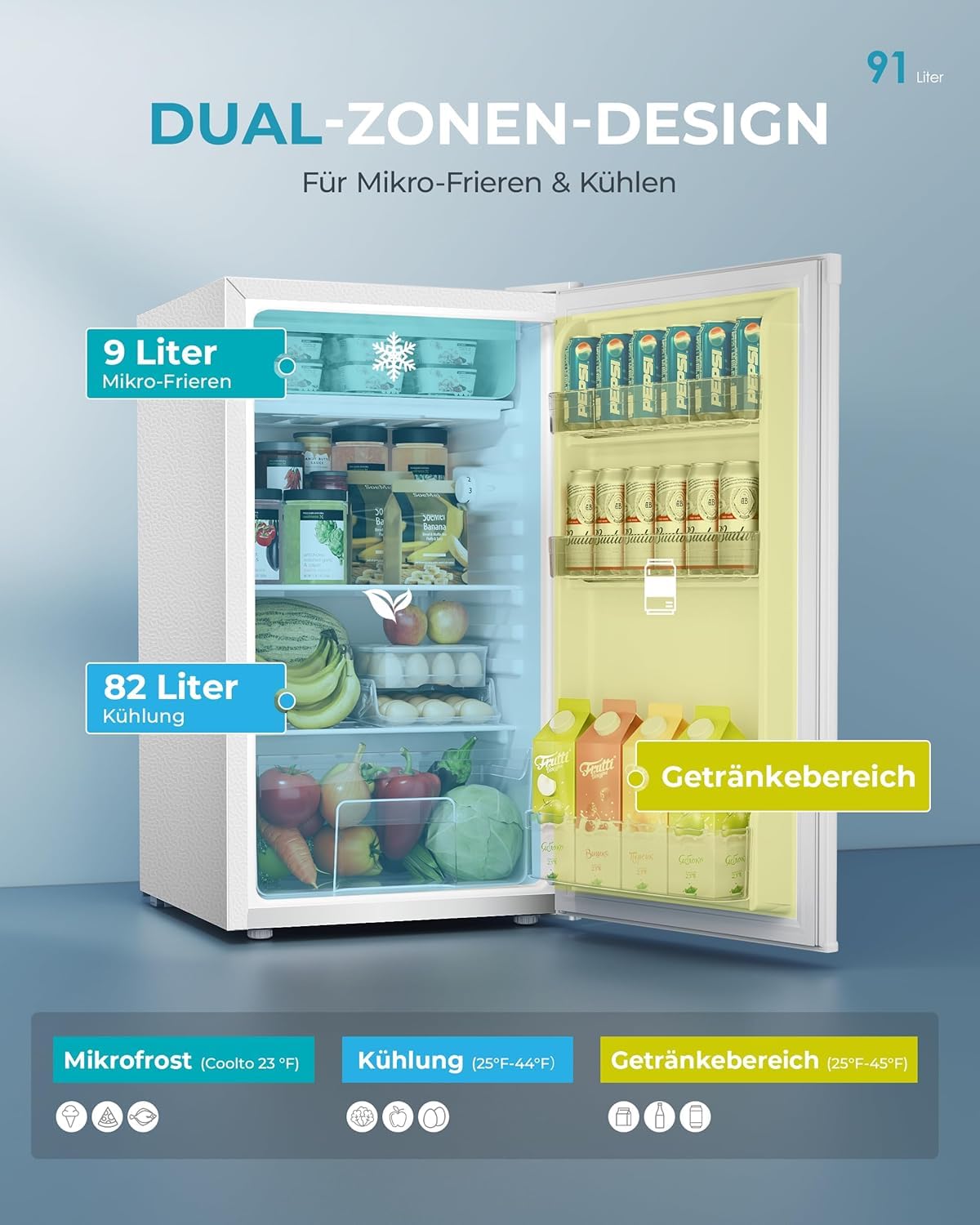 EUHOMY Kühlschrank mit Gefrierfach 91L – Mini, Weiß